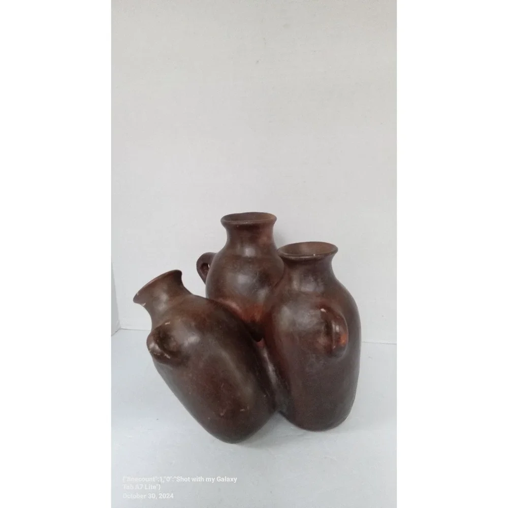 Rustic Brown Clay Pottery Vase Set of 3 Handled Decorative Jugs‎ Vessels